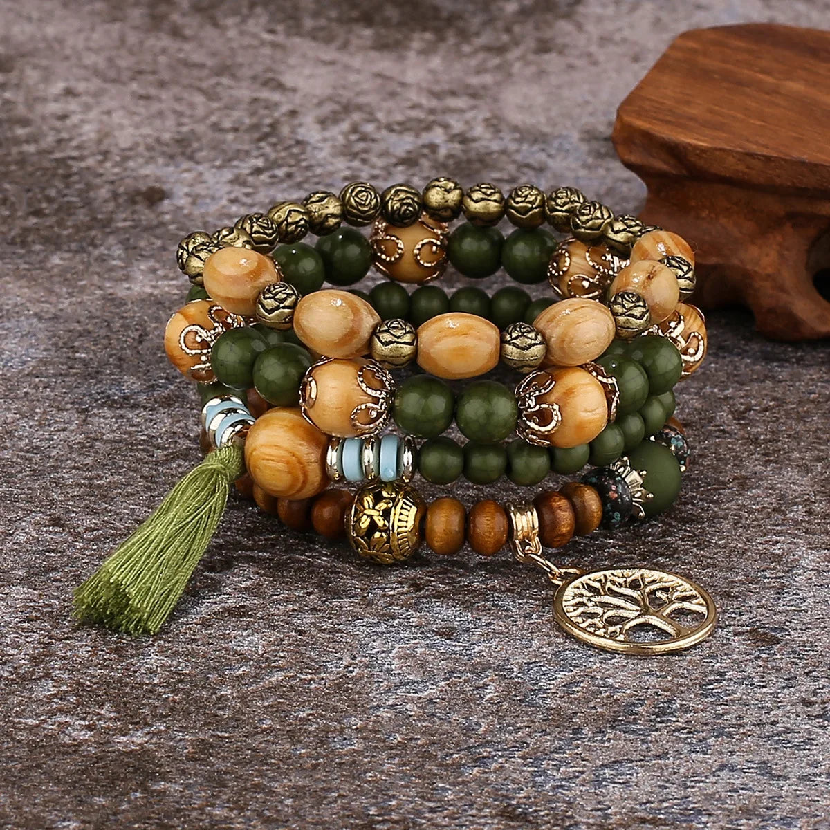 4Pcs/Set Boho Wooden Beaded Bracelet Set For Women Tree Of Life White Tassels Charm Elastic Chain Bangle Lady Bohemia Jewelry Good Vibrations