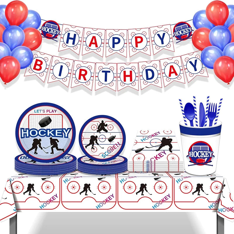 Hockey Themed Birthday Party Decorations Balloons Set Happy Birthday Banner Cake Topper Sports Theme ice hockey Party Supplies Good Vibrations
