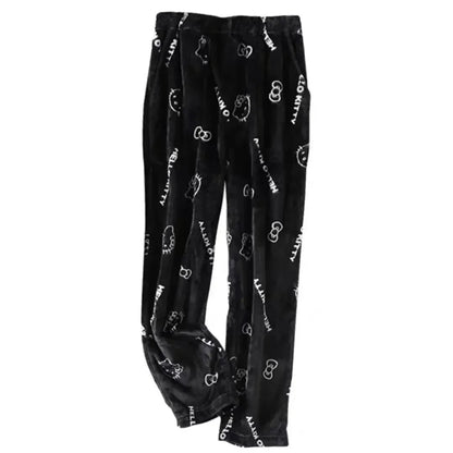 Sanrio Cartoon Hello Kitty Flannel Pajamas Black Women's Warm Woolen Cartoon Casual Home Pants In Autumn Winter Fashion Trousers Good Vibrations