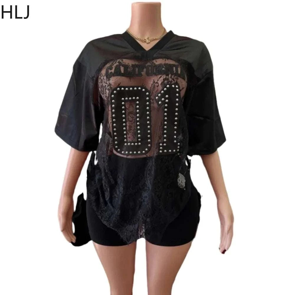 HLJ&GG Fashion Lace See Though Patchwork Two Piece Sets Women V Neck Short Sleeve Loose Top+Skinny Shorts Outfits Sexy Clubwear GOOD Vibrations