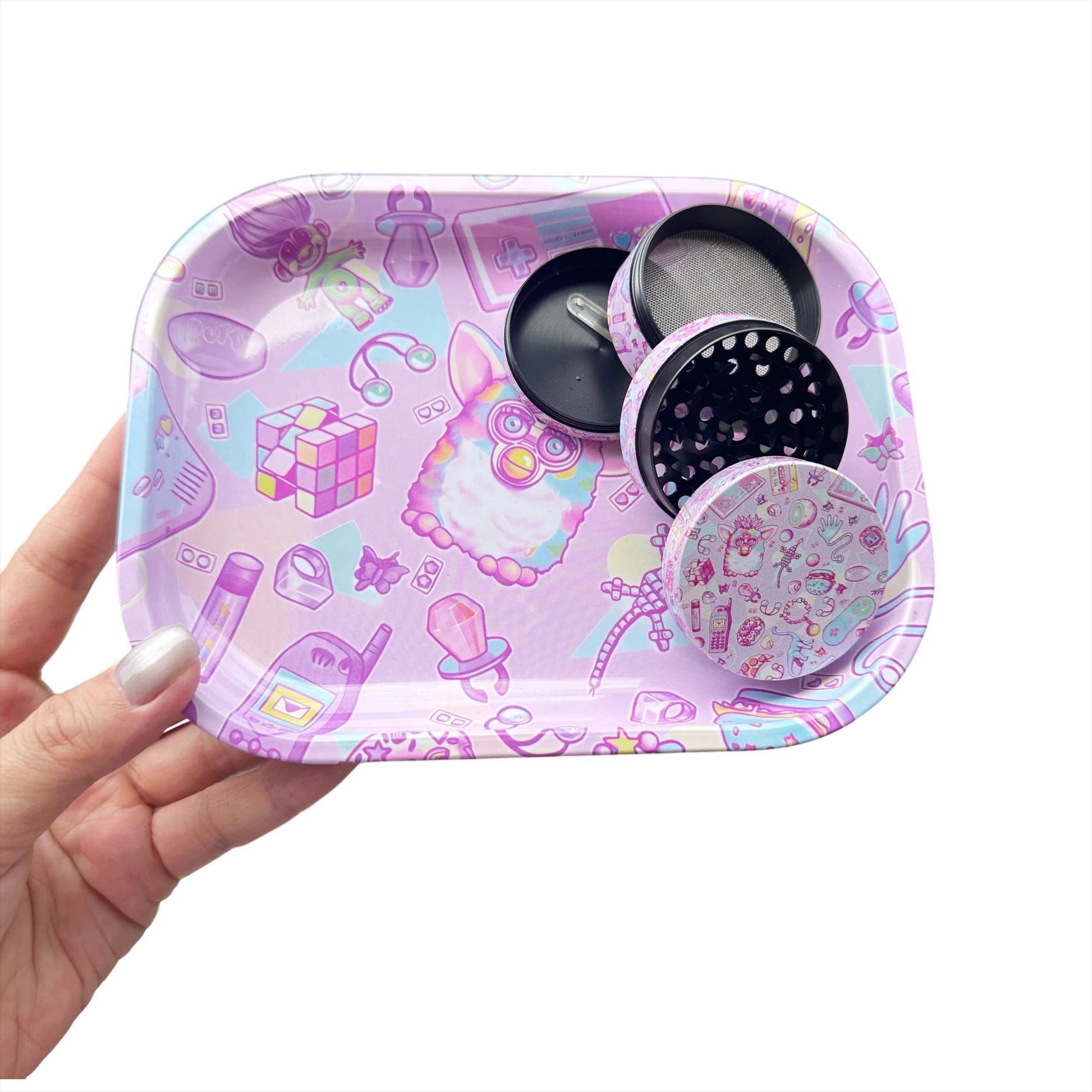 2 Pieces Cute Elf Cartoon Metal Rolling Tray and Herb Grinder Smoking Kit Good Vibrations