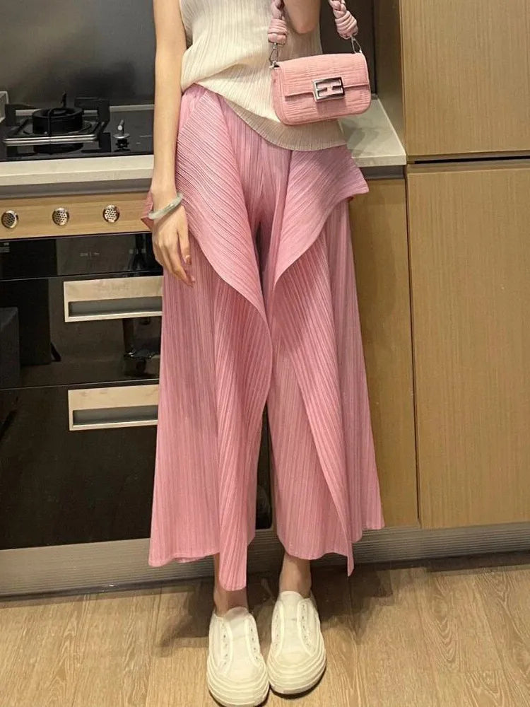 Women's Two-Piece Set: Pleated Blazer with Sleeveless Patchwork T-Shirt and Elasticated Waist Wide-Leg Stretch Trousers Good Vibrations