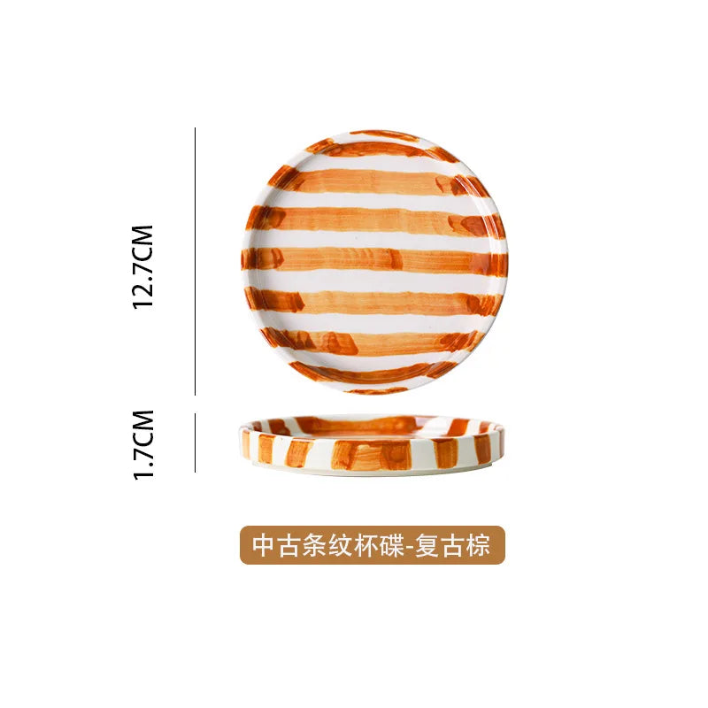 Ceramic Coffee Mug Three-piece Set Hand-painted Striped Mug Afternoon Camellia Tea Mug Breakfast Milk Oatmeal Mug Cake Plate New Good Vibrations