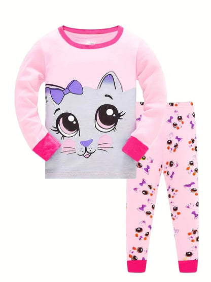 2pcs Girls Casual Cartoon Unicorn Print Crew Neck Pink Cotton Pajama Sets Good Vibrations