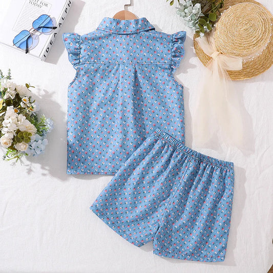 Girls Clothing  Sets Light Blue Flowers Printed Button-Down Sleeveless Top & Shorts 2 PCS Korean Style Kids Sets Daily Clothes Good Vibrations