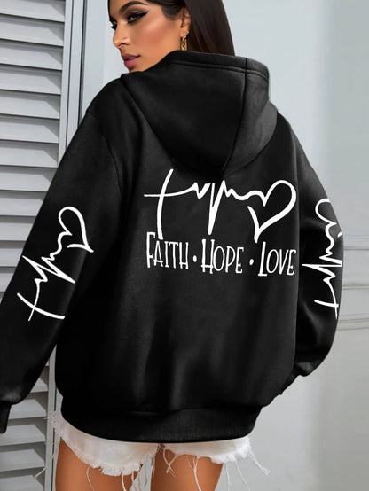 Faith Hope Love Letter Graphic Printed Women Hoodies Fleece Harajuku Hoody Casual Loose Y2K Clothes Pocket Autumn Pullover Good Vibrations