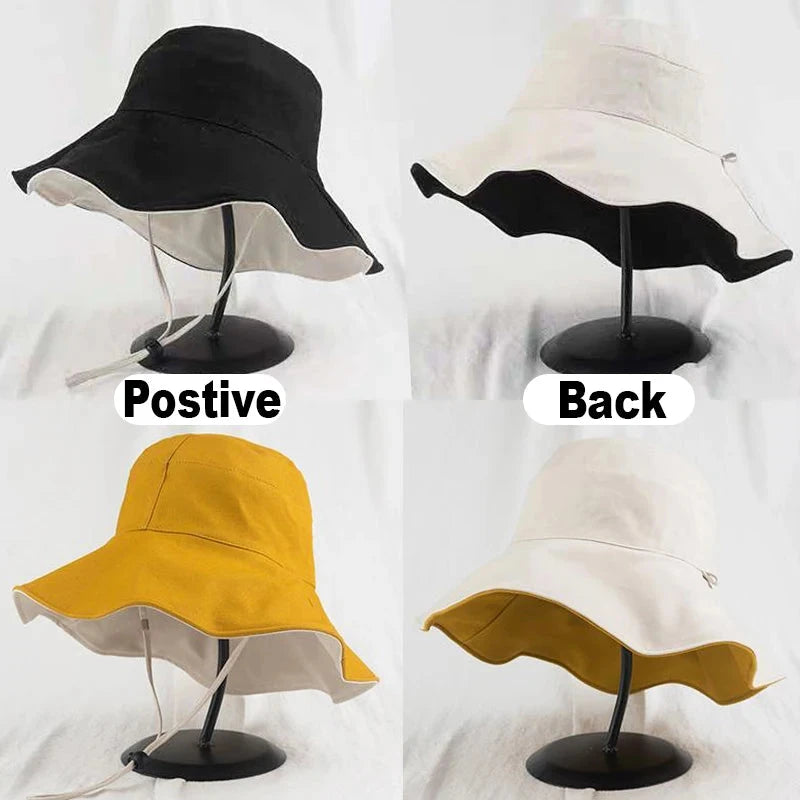 Summer Women Double-sided Bucket Hats Fashion Big Brim Foldable Solid Sun Hat Outdoor Beach Visor Caps Fisherman Cap for Travel Good Vibrations