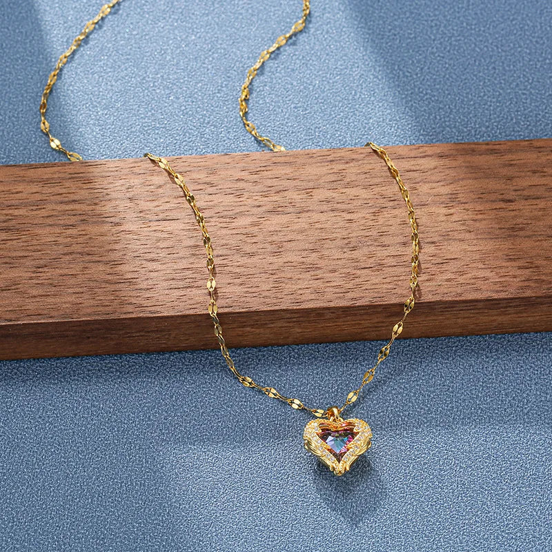 Top Luxury Colorful Crystal Ocean Heart Pendant Necklace For Women Trendy 316L Stainless Steel Jewelry Female Wedding Neck Chain Good Vibrations