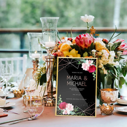 Gold Borders Acrylic Sign Holder Picture Frame Display Stand Clear Paper Holder Table Menu Stands for Wedding Office Restaurant Good Vibrations