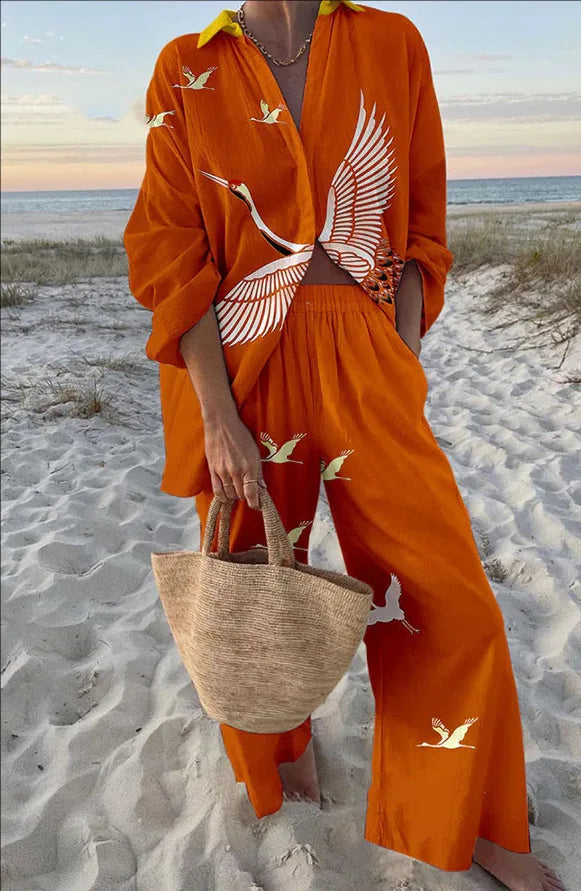 Women's Two Piece Set Print Shirt Pants Suit Single Breasted Lapel Short Sleeve Shirt And Wide Leg Trousers Sets, Lady Outfits Good Vibrations