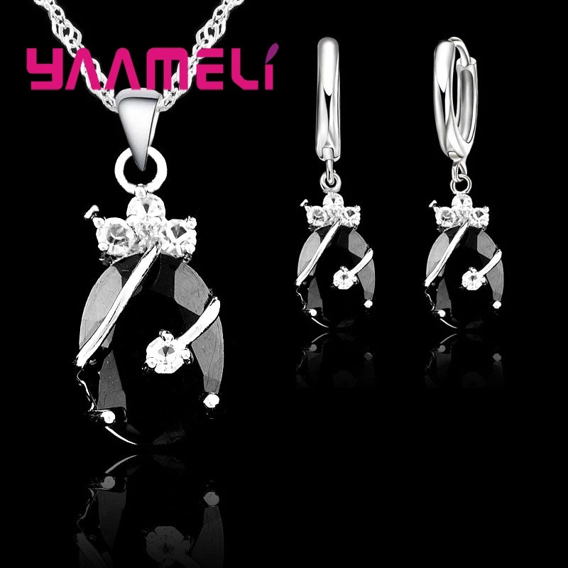 New Fashion Vintage Jewelry Sets For Women 925 Sterling Silver Crystal Stone Pendant Charms Wedding Necklace Hoop Earrings Good Vibrations Adult Super Store