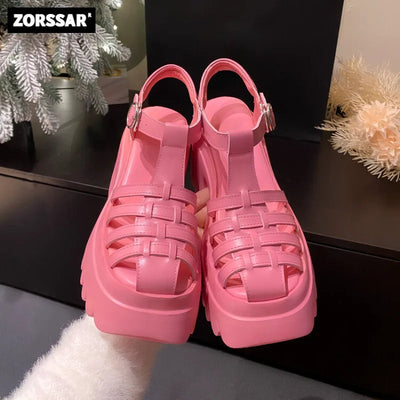 Womens Roman Sandals Hollow High Heel Thick Bottom Gladiator Sandals Womens Buckle Womens Shoes Non-slip Outdoor Beach Shoes