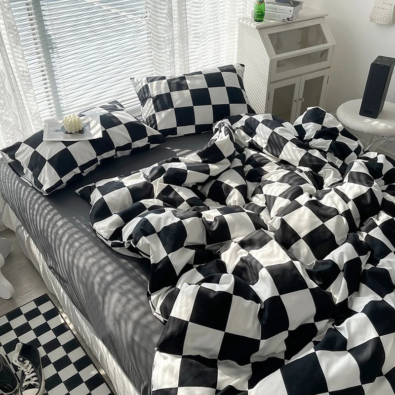 Checkerboard Bedding Comforter Set with Pillowcase bed sheet Single Full Size Bed Linen Duvet Cover Set Queen/King Double Single Good Vibrations
