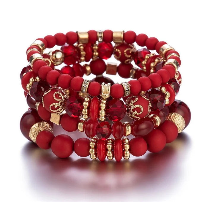 4pcs/set Boho Strand Bracelets For Women Crystal Beads Bracelets Heart Letter Elastic Bangles Wristband Yoga Jewelry Gifts Good Vibrations