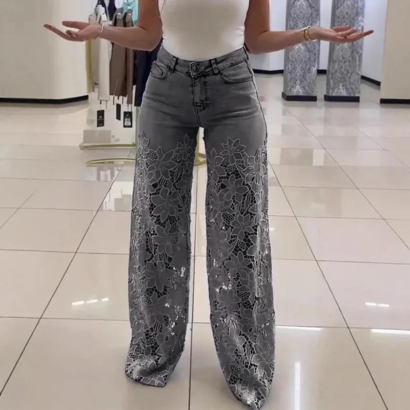 Ladies Sexy Lace Hollowed Out Jeans Summer Retro Solid Color Wide Leg Pant 2025 Casual Crochet Spliced High Waist Trousers New Good Vibrations