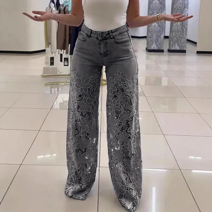 Ladies Sexy Lace Hollowed Out Jeans Summer Retro Solid Color Wide Leg Pant 2025 Casual Crochet Spliced High Waist Trousers New Good Vibrations