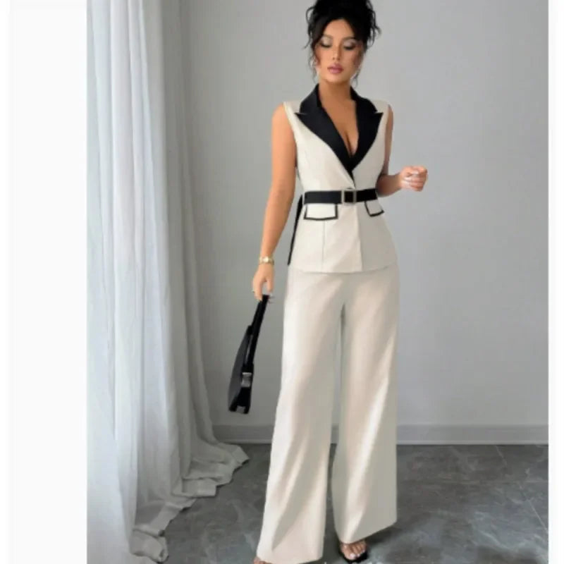 Women's Office Lady Ensemble Outfit Autumn Sleeveless Straight Leg Pants Set Classy Bandeau Elegant Style Top And Vest 2 Set Good Vibrations