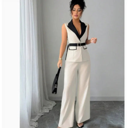 Women's Office Lady Ensemble Outfit Autumn Sleeveless Straight Leg Pants Set Classy Bandeau Elegant Style Top And Vest 2 Set Good Vibrations
