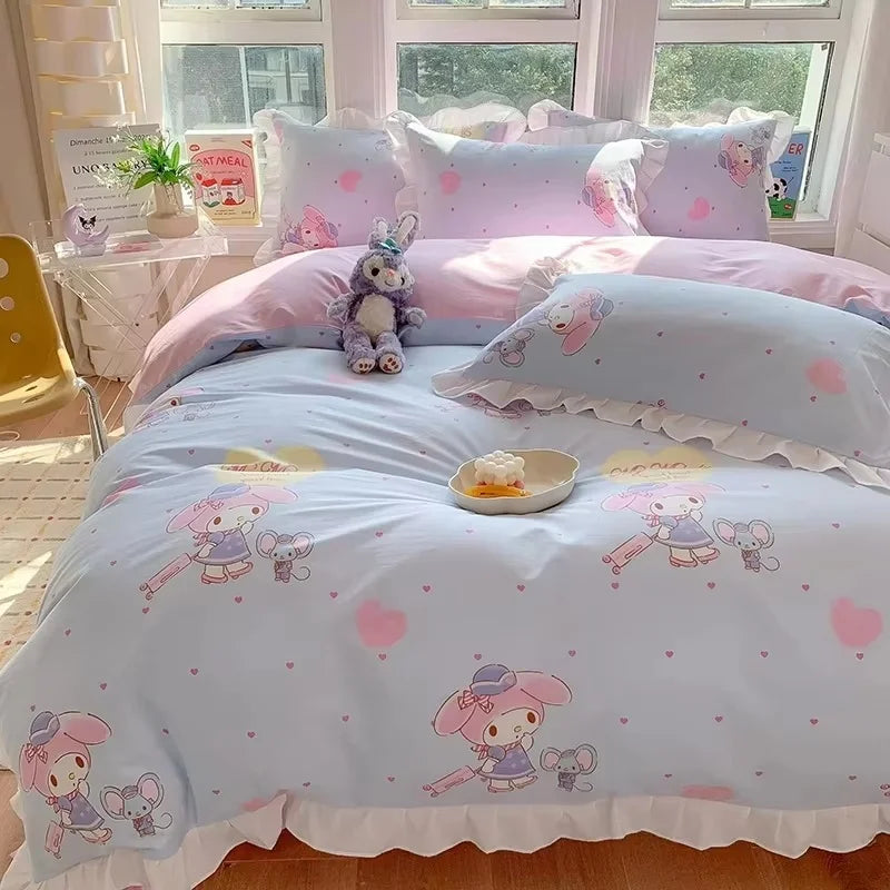 Sanrio Kids Bedding Set Kuromi Cinnamoroll Mymelody Duvet Cover Bed Sheet Pillowcase Bedsheet Double Single King Queen Twin Size Good Vibrations