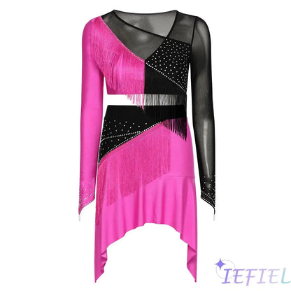 Women Lyrical Dance Outfit Set Modern Contemporary Dancewear Tassel Long Sleeve Mesh Crop Top with Skirted Leotard Ballet Outfit Good Vibrations