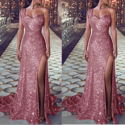 2025 Women's Wedding Party Dress Evening Elegant Sexy Deep V Neck One Shoulder Sleeveless Sequined Long Maxi Dresses For Women Good Vibrations