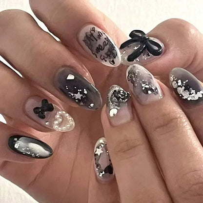 24Pcs False Nails Spicy Girl Silver Bow with Diamond Fake Nails with Glue Almond Press on Nails Black Cool Y2k Almond Nail Set Good Vibrations