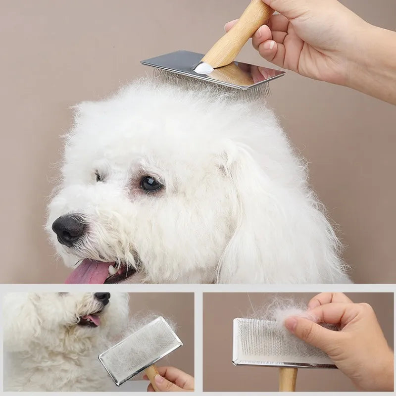 Dog Comb Solid Wood Dog Brush Pet Hair Remover Massage Cat Brush Pet Grooming Stainless Steel Combs for Cats Hair Knot Opening Good Vibrations