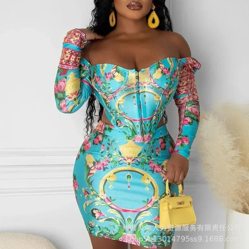 New Womens Dress Sets New Blue Floral Print Top Skirt Set Two Piece Sets Womens Outifits Good Vibrations