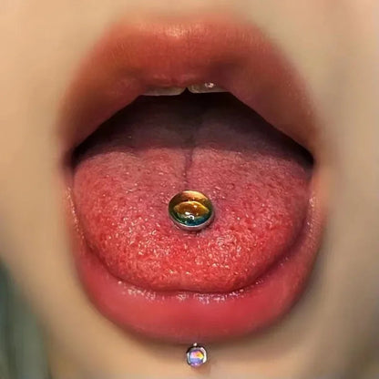 Stainless Steel Tongue Piercing Rings 14G Oil Luminescence Pink Blue Tongue Stud Studs Earrings BCR Piercings Body Jewelry Gifts Good Vibrations