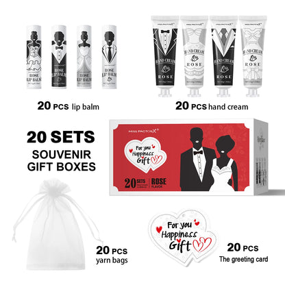 20 sets of wedding dress and suit theme gifts include hand cream, lipstick, white drawstring bag and wedding love greeting card