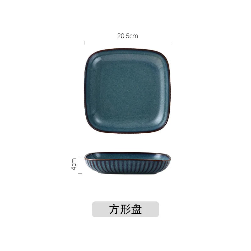 Blue Kiln Glazed Ceramic Plates, Microwaveable Dinner Plates, Round Rice Salad Bowls, Household Tableware Good Vibrations