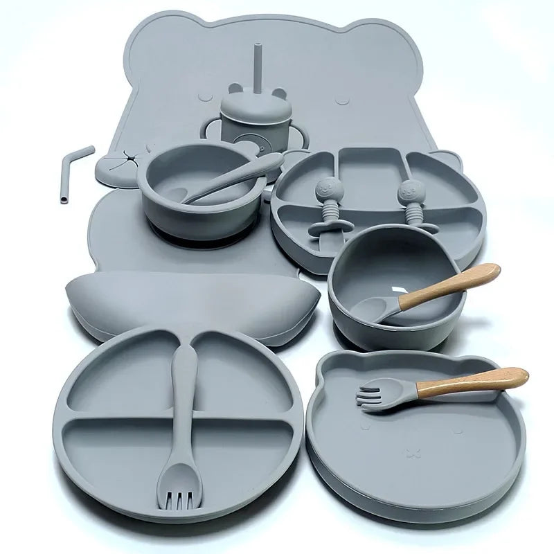16pcs Dinner Plate Set Silicone Children's Tableware Set Baby Complementary Suction Cup Bowl Spoon Mother and Baby Good Vibrations