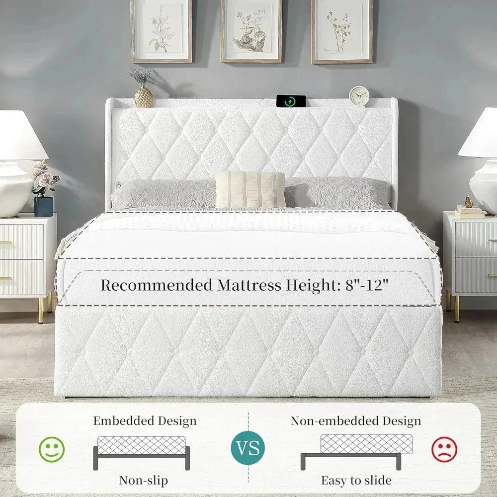 Bed Frame with 6 Storage Cabinet and LED Lights, Boucle Upholstered Button Tufted Headboard - Includes Charging Station Good Vibrations