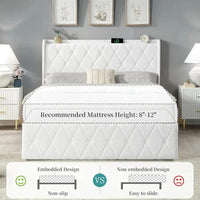 Bed Frame with 6 Storage Cabinet and LED Lights, Boucle Upholstered Button Tufted Headboard - Includes Charging Station Good Vibrations