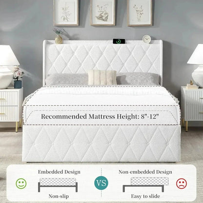 Bed Frame with 6 Storage Cabinet and LED Lights, Boucle Upholstered Button Tufted Headboard - Includes Charging Station Good Vibrations
