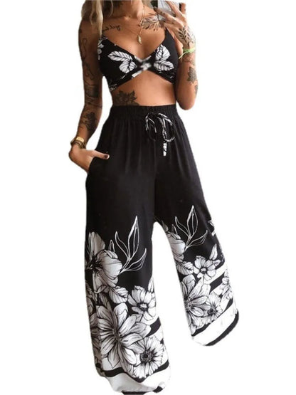 Sexy Two Piece Set Women Outfit 2025 Summer Butterfly Print V-Neck Cropped Top High Waist Drawstring Casual Wide Leg Pants Sets Good Vibrations