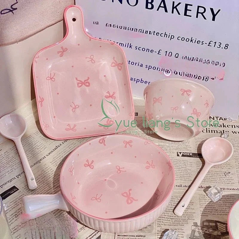 Pink Bow Ceramic Cutlery Set, Dessert Home Tableware Ceramic Handle Bowl Yogurt Cup High Value Breakfast Plate Drinkware Good Vibrations