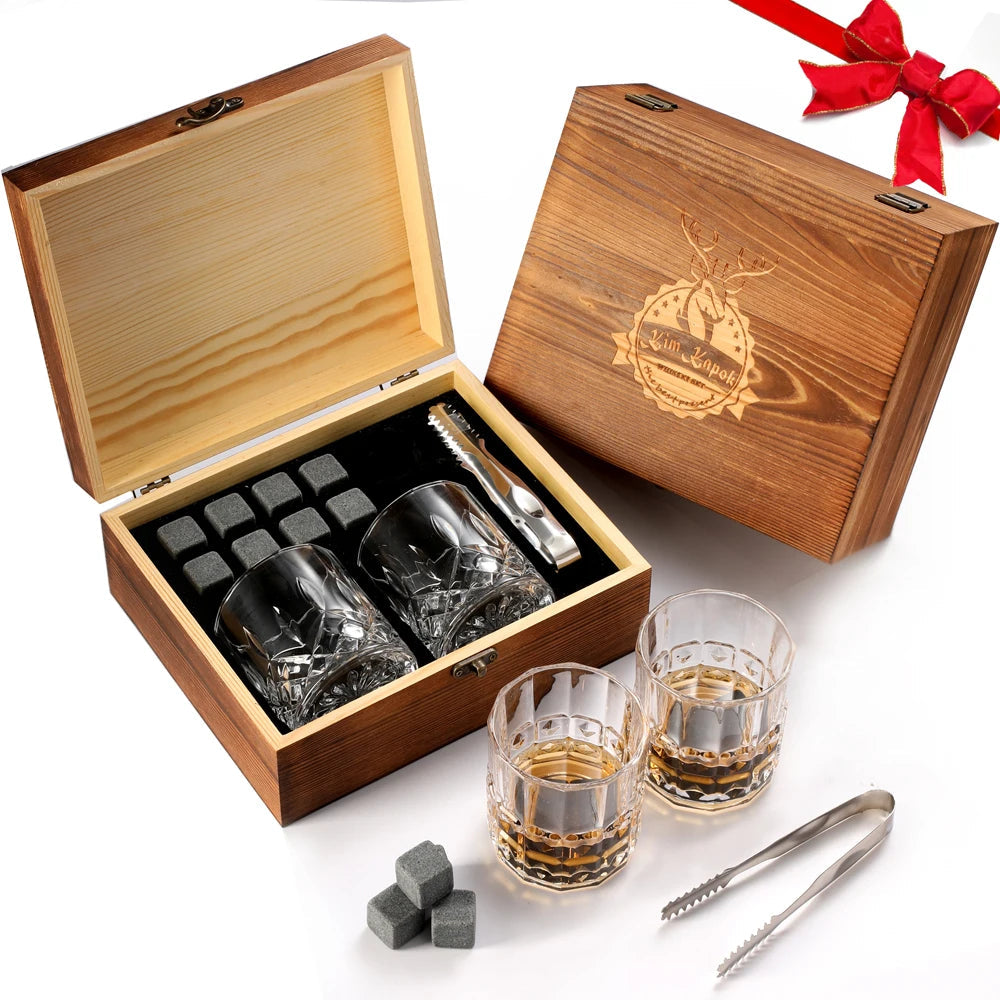Whiskey Stones Gift Set Whiskey Glass Set of Granite Chilling Whiskey Rocks  Scotch Bourbon Whiskey Glass Gift Box Set Good Vibrations