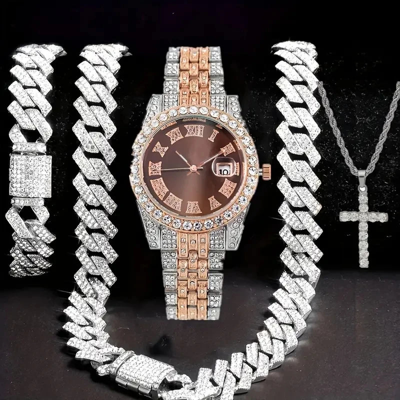 4pcs/set Mens Bling Wrist Watch & Hip Hop Cuban Chain Necklace Set - Rhinestone Accented, Round Dial, Electronic Quartz Movement Good Vibrations
