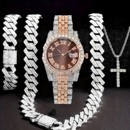 4pcs/set Mens Bling Wrist Watch & Hip Hop Cuban Chain Necklace Set - Rhinestone Accented, Round Dial, Electronic Quartz Movement Good Vibrations