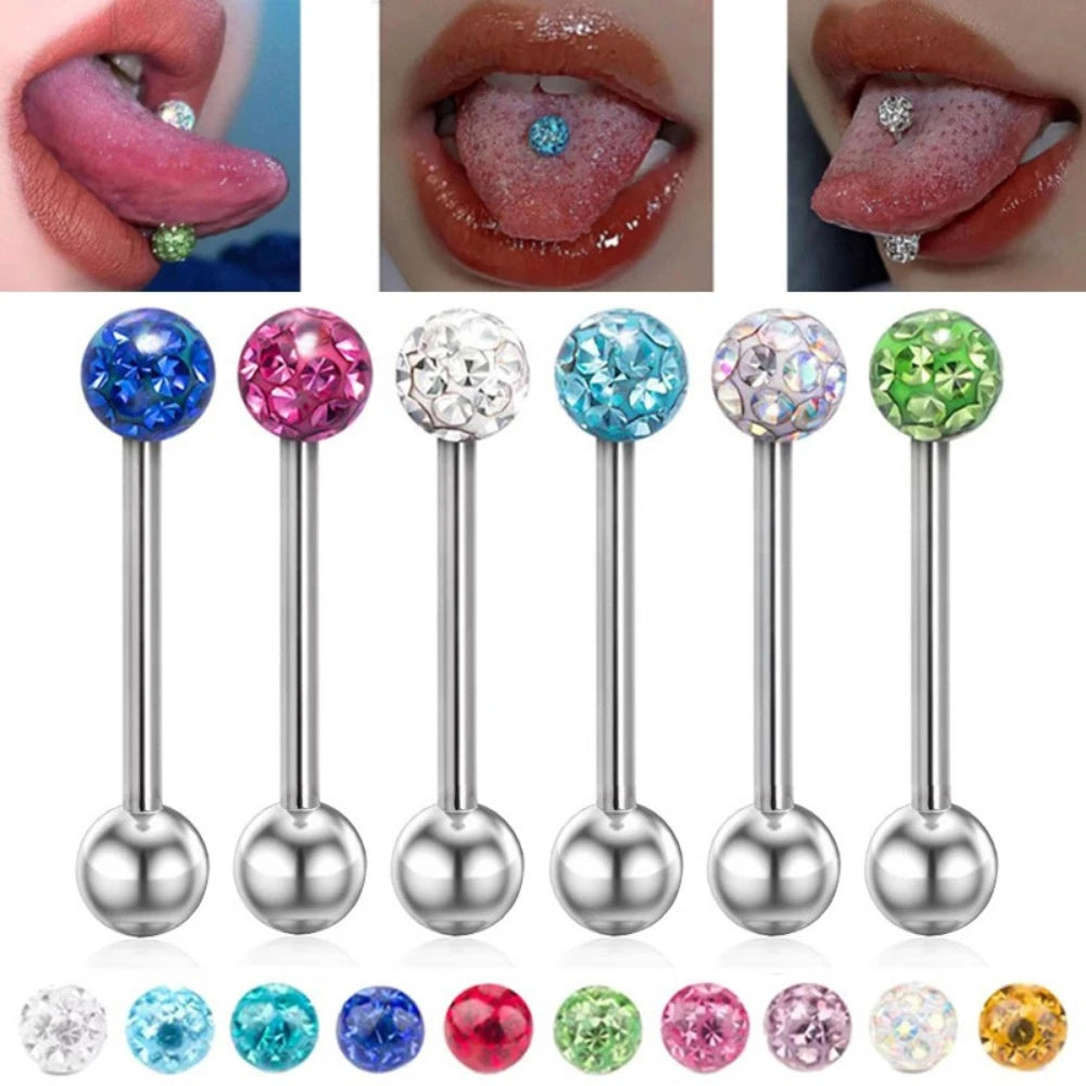 6Pcs Mixed Set 6mm Crystal 14G 1.6mm Steel Tongue Ring 16mm Bar Barbell Nipple Body Piercing Jewelry Good Vibrations Adult Super Store