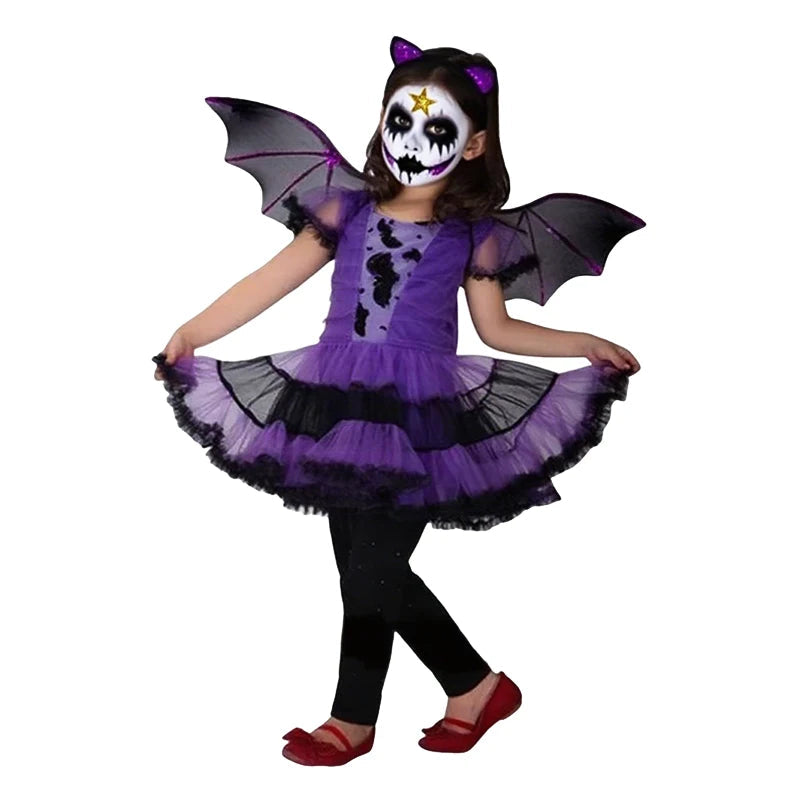 Halloween Costume for Girls Witch Vampire Carnival Party Dress Up Trappings Kids Cosplay Clothes Purple Bat Suit Holiday Gifts Good Vibrations