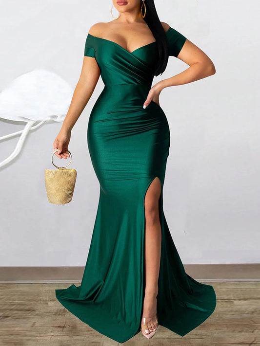 Classic High Slit Evening Dress Women Solid Maxi Long Dresses With Sleeves Wedding Bridesmaid Elegant Party Dresses 2025 Woman Good Vibrations