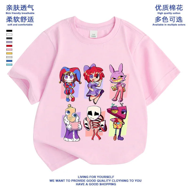 2026 Pure cotton boys and girls' short-sleeved T-shirt summer children's clothing cartoon magic digital circus children's top Good Vibrations