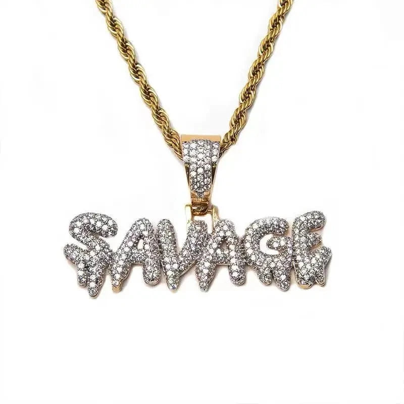 Hip Hop Ice Out Square Crystal S-A-V-A-G-E Letter Pendant Necklace for Men and Women Street One Last Party Trendy Jewelry Gift Good Vibrations