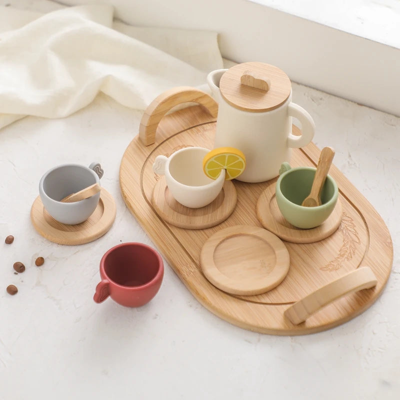 Wooden Montessori Toys Toddler Pretend Play Tea Party Set Silicone Teapot Cups Wood Tray Scoop Toys for Kids Birthday Gift Good Vibrations