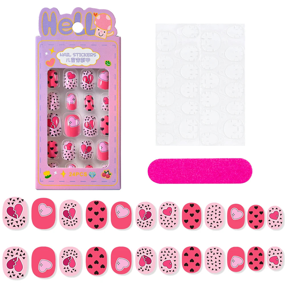 24Pcs/box Kids nails for Girl Cartoon Pattern False Nail Cute Child Fake Nails Tips Kawaii Acrylic Artificial Press on Nail+Tool Good Vibrations