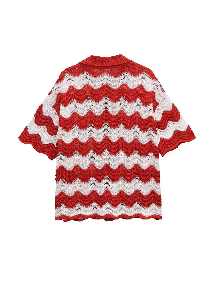 Women Temperament Single Breasted Short Sleeve Top Two Piece Set Fashion Sweet Turn-down Collar Knitted Top Sets Shorts Good Vibrations