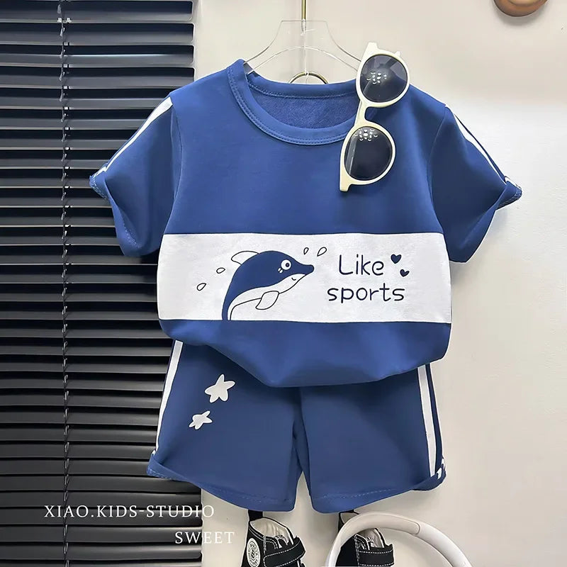 2024 New Kids Short Sleeve Suit Striped Girls Boys Set Summer Tops +short Baby Clothes Children's Wear Good Vibrations