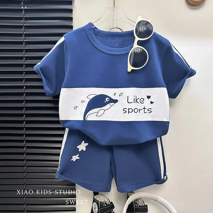 2024 New Kids Short Sleeve Suit Striped Girls Boys Set Summer Tops +short Baby Clothes Children's Wear Good Vibrations
